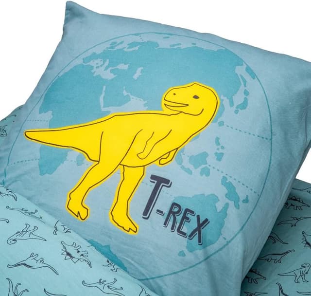 Detalle de Caradou Parure de lit enfant T-Rex 3 pièces sans couette 90x190 cm en coton (bleu vert)
