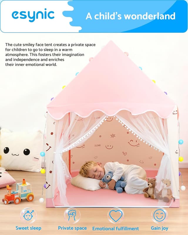 Detalle de eSynic Kids Indoor Playhouse Tent with Lights & Windows (Pink) – large portable play tent for ages 3–12