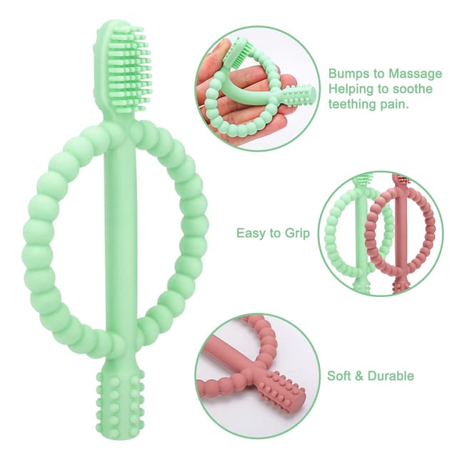 Detalle 2 de Baby Teething Toys with Easy-Hold Handle, Silicone Infant Toothbrush (0–12 Months) — Bright Green & Caramel