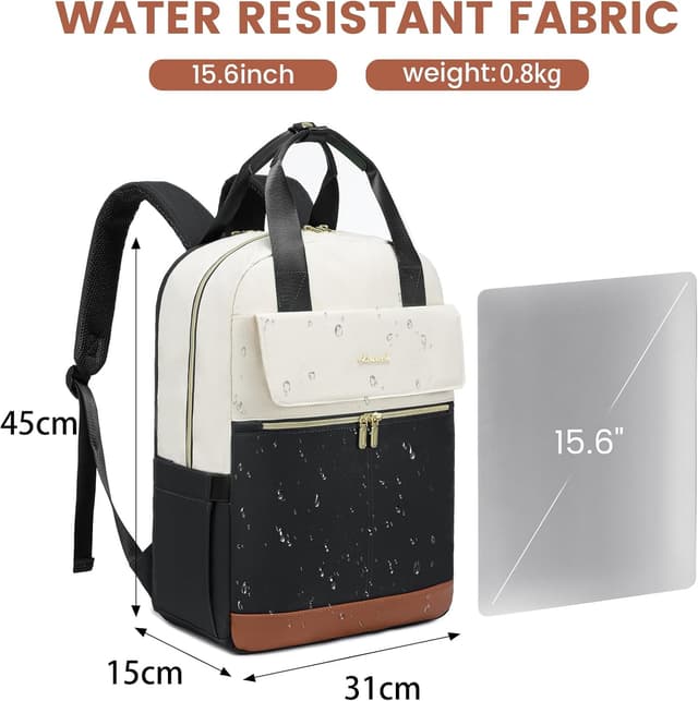Detalle de LOVEVOOK Damen-Rucksack für 15,6-Zoll-Laptop – wasserdichter City-/Reiserucksack mit USB-Ladeanschluss