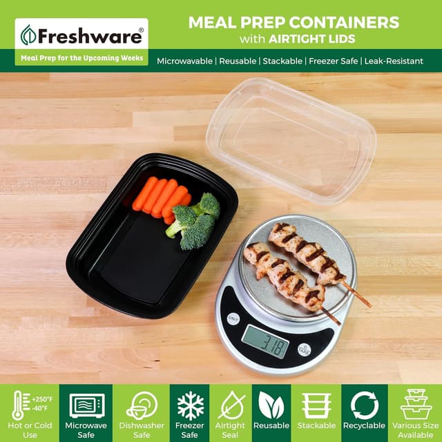 Detalle de Freshware 50-Pack Meal Prep Containers (1 Compartment, BPA-Free, 32 oz) with Lids