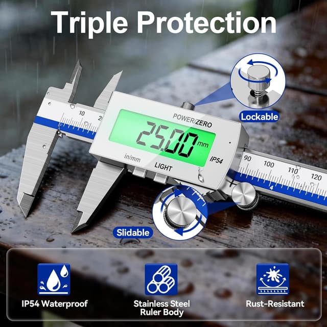 Detalle de Pied à coulisse numérique Preciva 150 mm avec rétroéclairage et écran LCD (Rechargeable, IP54) – conversion mm/pouce