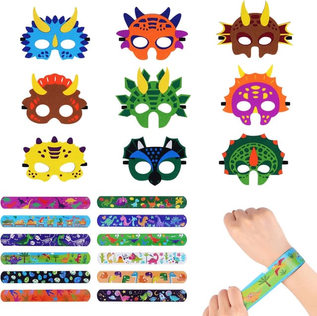Detalle de AOMIG Maschere Bambini Feste dinosauro: set da 9 pezzi in feltro con bracciali per Halloween, carnevale e cosplay