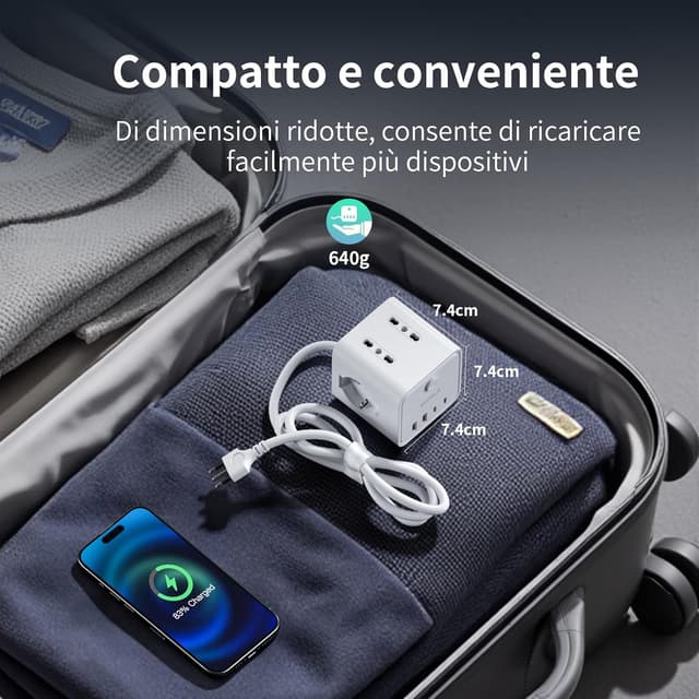 Detalle 2 de Ciabatta Elettrica Multipresa con 4 prese universali 10/16A, 2 USB-A + 2 USB-C e 3 m di prolunga (spina piatta salvaspazio) – kit nero con interruttori