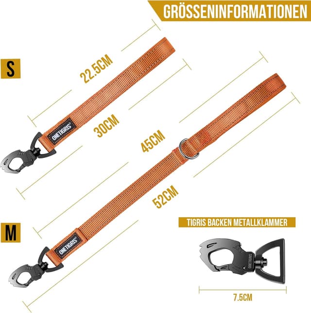 Detalle 2 de OneTigris Bolt Kurzführer Hund 30 cm – reflektierende Kurzleine mit Tiger-Zahn Metallclip und weicher Polsterung (Orange)