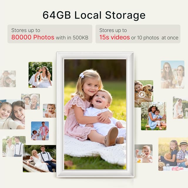 Detalle 1 de Frameo 64GB 15.6" WiFi Digital Photo Frame (Classic White) – 1920×1080 FHD IPS Touch, Auto-Rotate