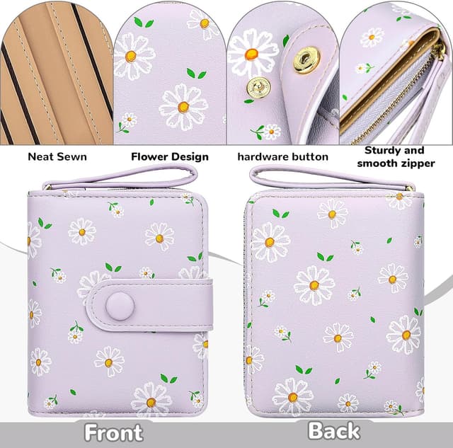 Detalle 2 de Busnos Damen-Geldbörse klein: Blüten-Design in Violett mit Münzfach & Kartenfächern