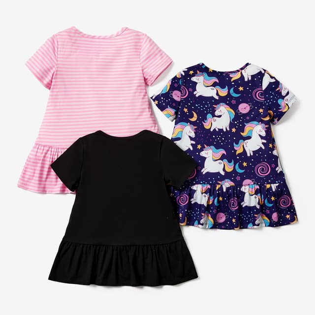 Detalle 2 de Lot de 3 robes d’été pour fille PATPAT (2 à 7 ans) – manches courtes à volants, 3 motifs