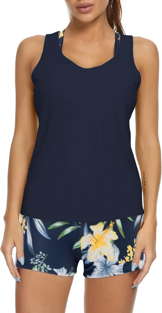 Detalle de JASAMBAC 3-Piece Tankini Swimsuit Set for Women (Tank Top + Sports Bra + Boyshorts)