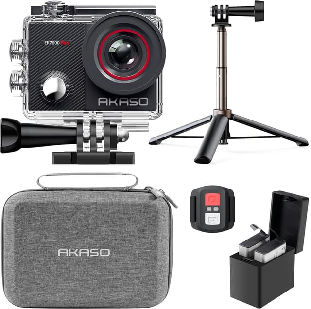 Detalle de AKASO Action Cam 4K30FPS 20MP inkl. 60-cm Selfie-Stick, Tasche & WiFi-Unterwassercase
