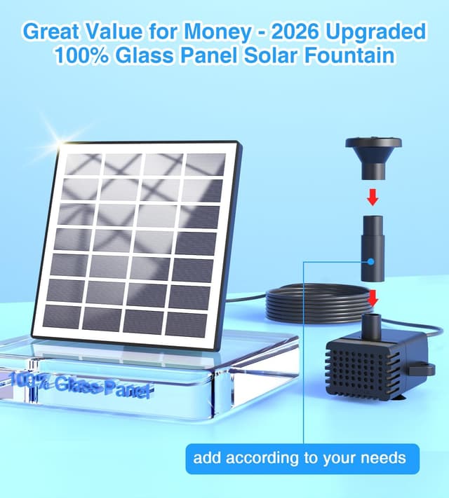Detalle de SZMP Solar Fountain Pump Kit with Glass Solar Panel, 10 DIY Nozzles & 9.84ft Power Cord