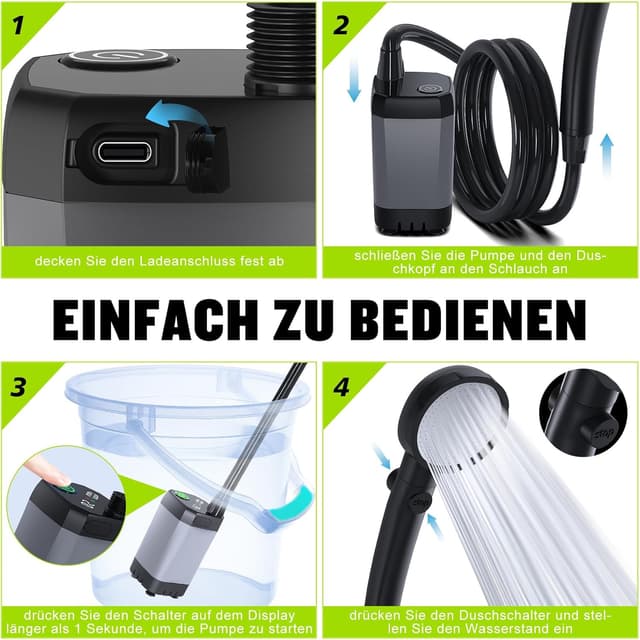 Detalle de Spopal Camping-Dusche tragbar (6.000 mAh) mit Pumpe & Temperaturanzeige – Outdoor-Set für Garten, Strand & Reisen