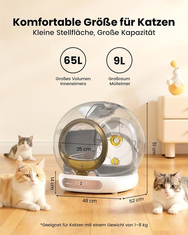 Detalle 2 de LELO PAWS selbstreinigende Katzentoilette mit Türvorhang, 65 l + 9 l, App-Steuerung (Golden)