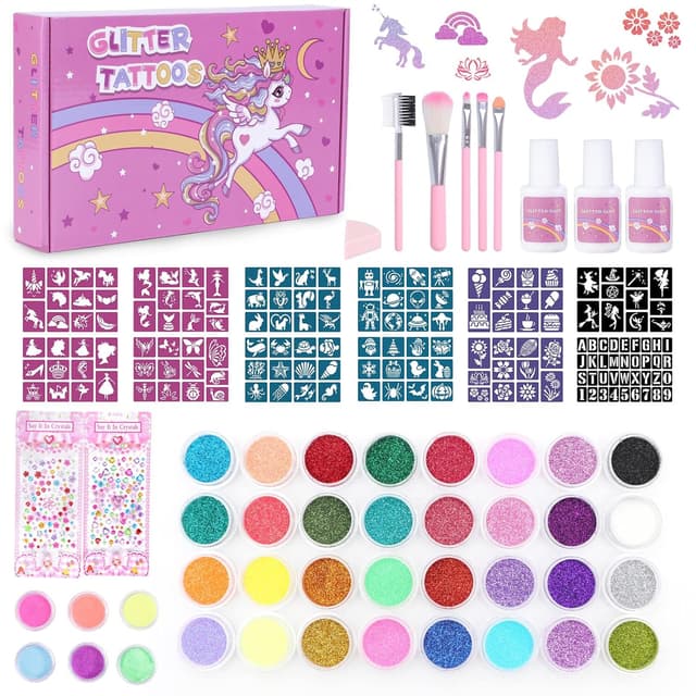 Detalle de Highttoy Glitzer Tattoo Set für Mädchen – 38 Farben, 150 Schablonen, 5 Pinsel und 3 Kleber