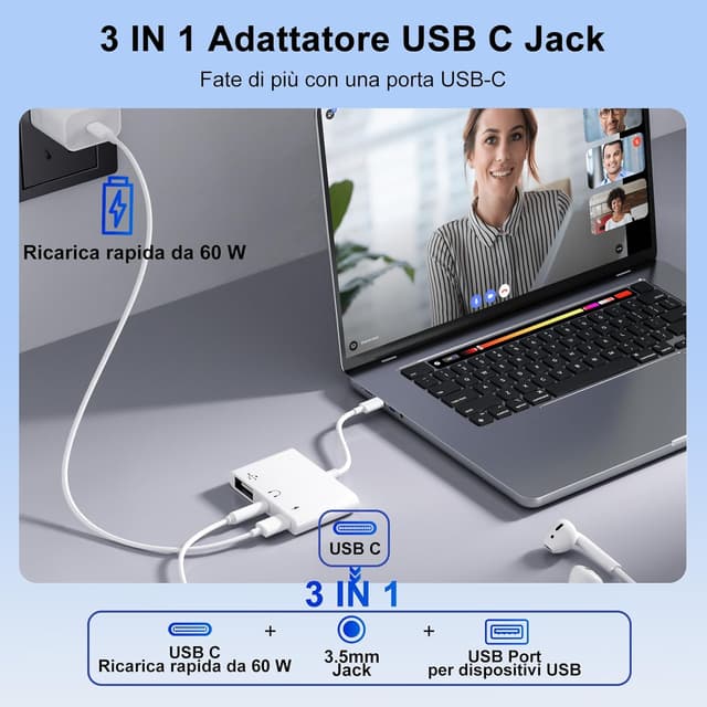 Detalle de LXJADAP USB C audio 3 in 1 60 W