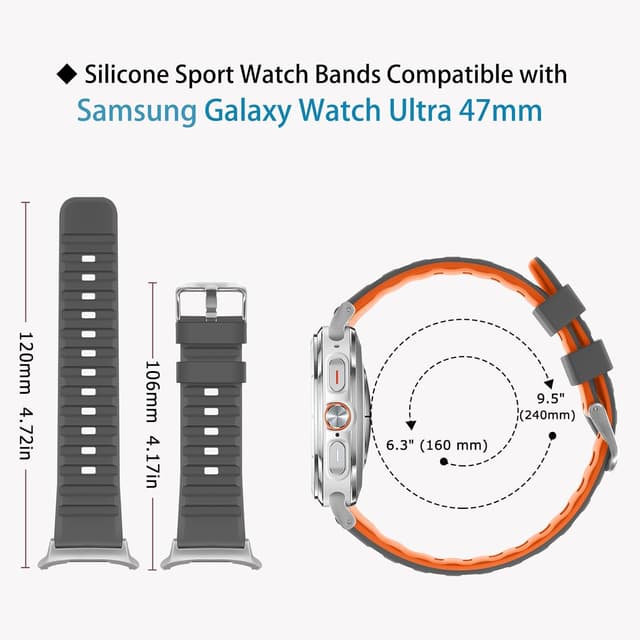 Detalle de Tasikar No Gap Bands sport silicone strap for Samsung Galaxy Watch Ultra 47mm (2024/2025) – Grey Orange