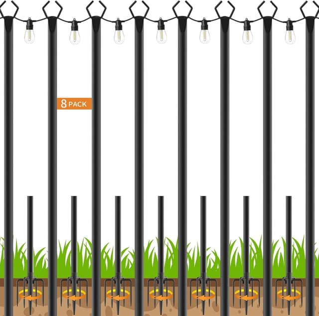 Detalle de HoldOneLight 8 Pack Outdoor Light Poles (9.8FT) with Ground Stake & Fork Hooks for String Lights
