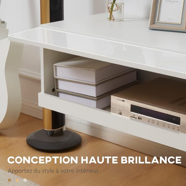 Detalle de HOMCOM Meuble TV mural blanc laqué avec LED RGB et contrôle via application, 150 x 40 x 30 cm