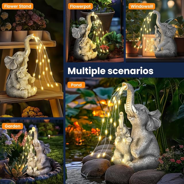 Detalle de GIGALUMI Solar Garden Statues Embrace Elephant figurine with solar lights for outdoor patio and yard decor