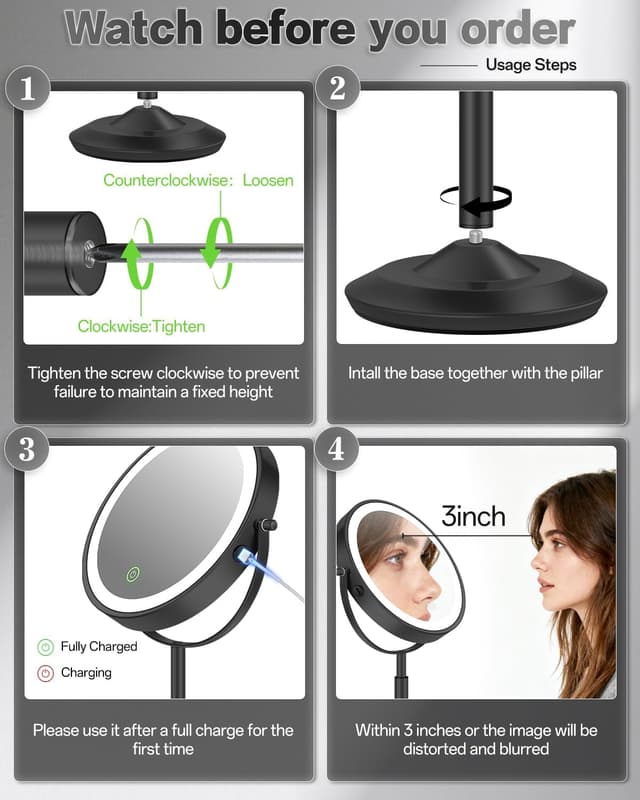 Detalle de VFD 30X/1X Lighted Makeup Mirror with Height Adjustment and Rechargeable Battery