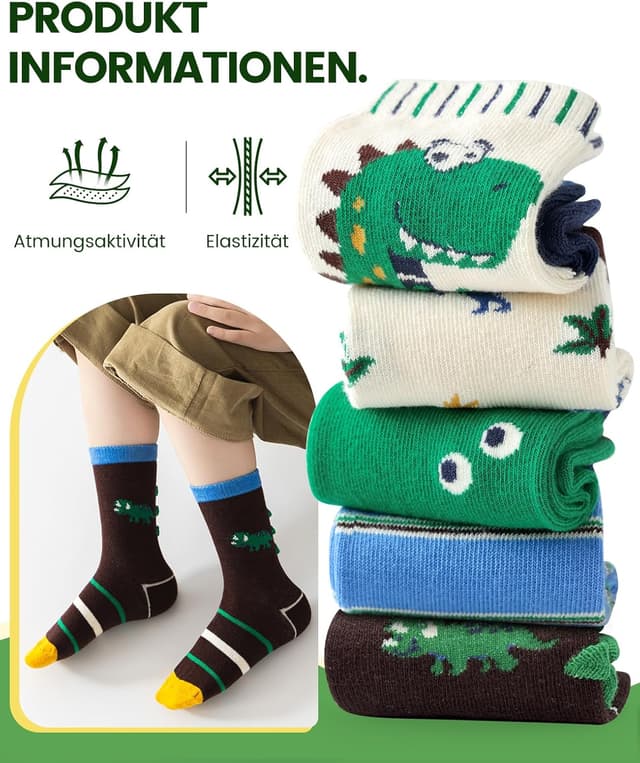 Detalle de Kyopp 10 Paar Kinder-Socken (Mädchen & Jungen) – klassische Crew Socks aus Baumwolle mit lustigen Mustern