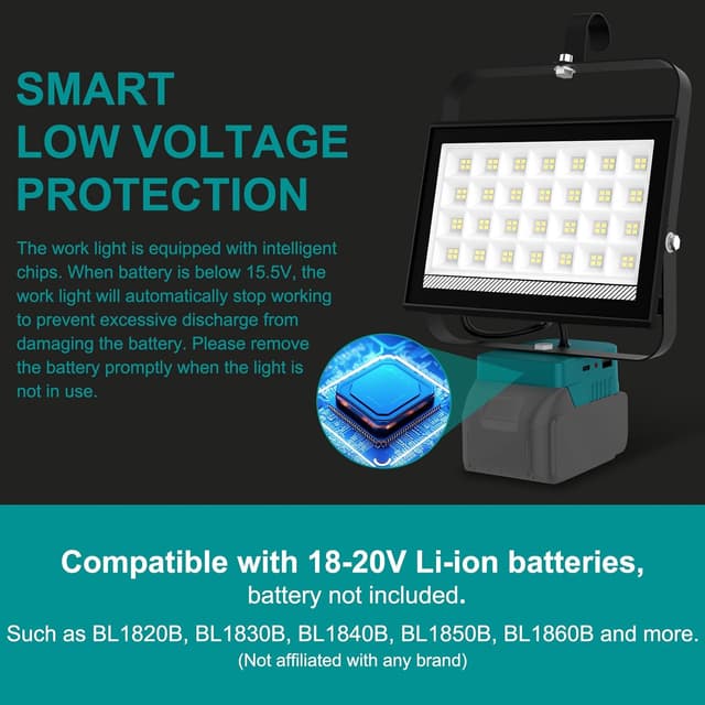 Detalle de NATPOW Cordless LED Work Light for Makita 18V batteries – 6500LM flood light with USB & Type C charging