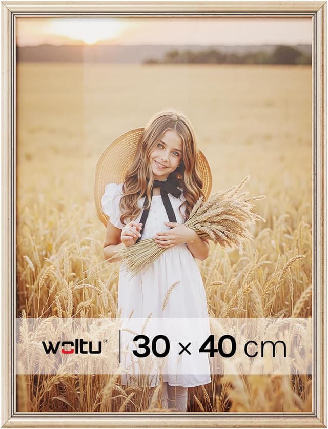Detalle de WOLTU Cadre photo en bois massif 30x40 cm avec passe-partout (or) : à suspendre horizontalement ou verticalement
