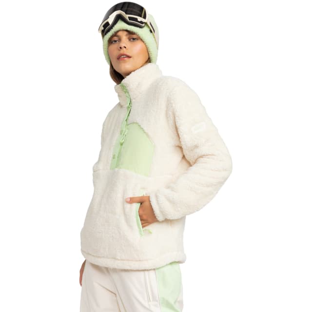 Detalle de Roxy Alabama: forro polar de mujer con cuello alto y tecnología WarmFlight