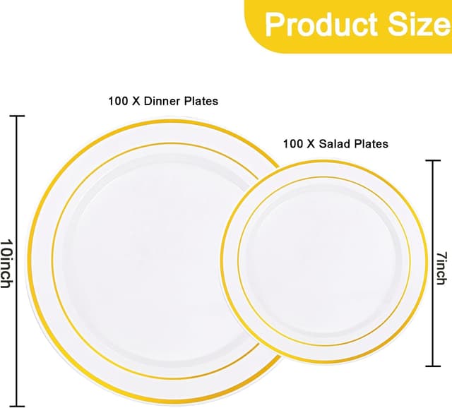Detalle de I00000 200-Piece Gold Plastic Party Plates Set (100 Dinner + 100 Dessert) — BPA-Free Disposable Plates