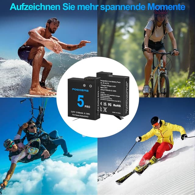 Detalle 2 de POEOSAS Osmo Action 6/5 Pro/4/3 Akku-Ladegerät-Set (2er Pack) mit 3-Kanal-Schnellladehub