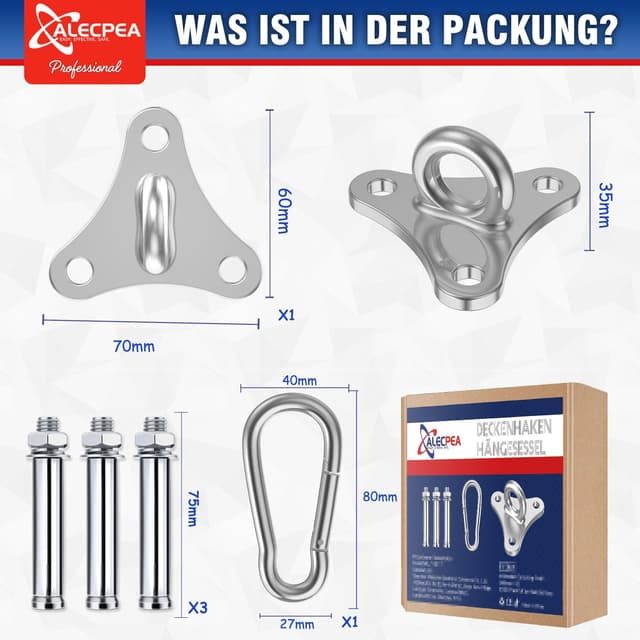 Detalle de ALECPEA Deckenhaken für Hängesessel, Hängematte & Fitness-Zubehör – Premium-Edelstahl, bis 400 kg