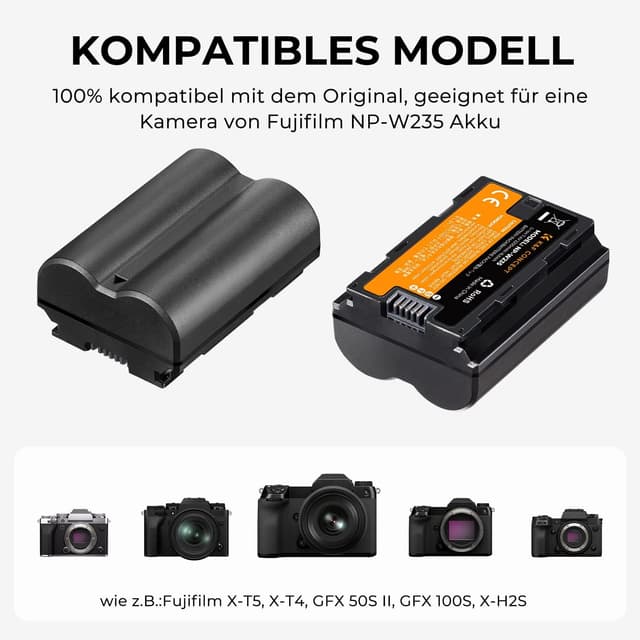 Detalle de K&F CONCEPT NP-W235 Akku-Ladegerät-Set (Dual Slot) für Fujifilm NP-W235 – 2× 2200 mAh, mit USB-Ladegerät