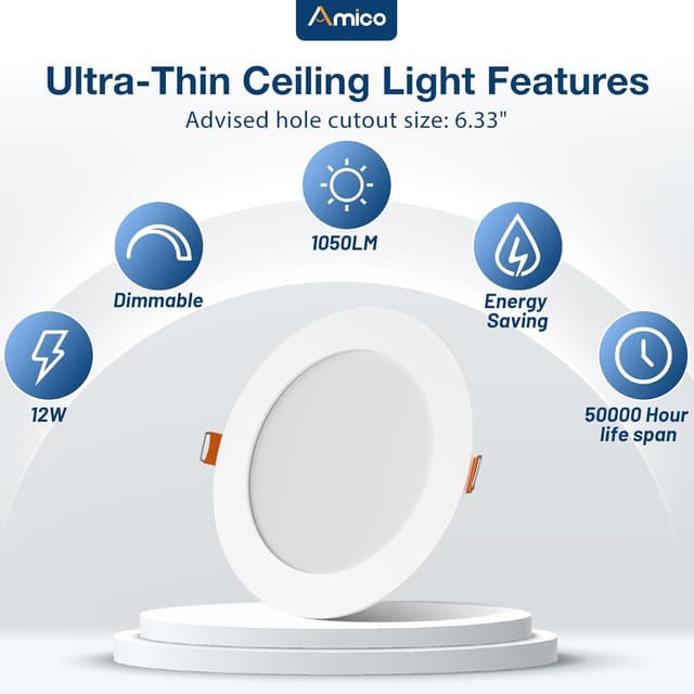 Detalle de Amico 48-Pack 6-Inch 5CCT Ultra-Thin LED Recessed Ceiling Lights (2700K–5000K) — Dimmable, ETL&FCC