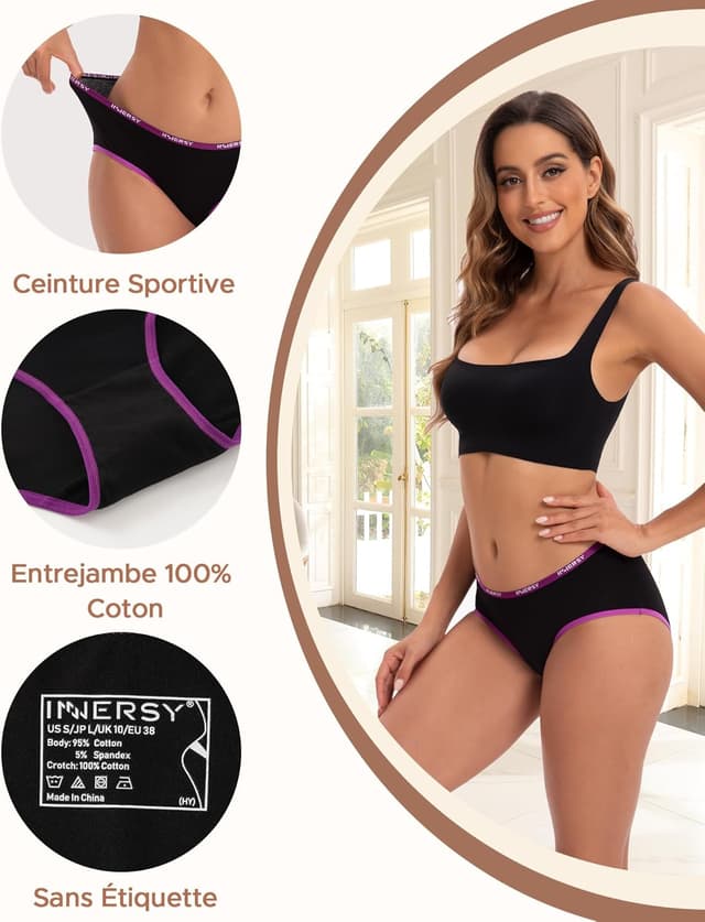 Detalle 2 de INNERSY lot de 6 culottes femme en coton stretch, taille basse douce et respirante