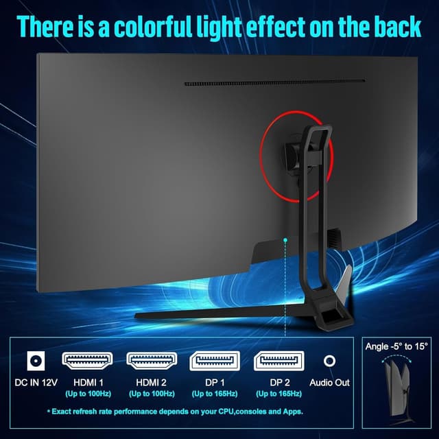 Thumbnail 6 de Gawfolk Gaming Curved Monitor 34 Zoll (UWQHD 3440×1440, 165 Hz, 1500R, VA) mit DisplayPort/HDMI und VESA 75×75