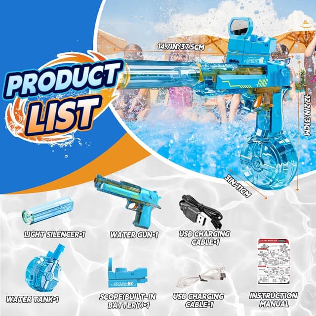 Detalle 2 de UROINT Elektrische Wasserpistole für Kinder „Desert Eagle“ (blau) – mit großem Wassertank, LED-Licht und Reichweite bis zu 10 Metern