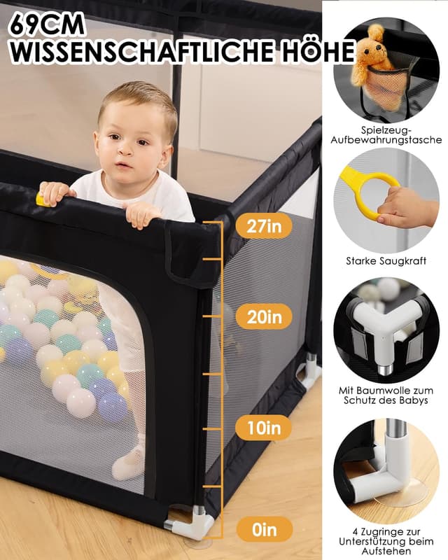 Detalle 2 de derimkcoa Laufstall für Babys mit atmungsaktivem Mesh (130x130x66 cm) – tragbar für drinnen & draußen