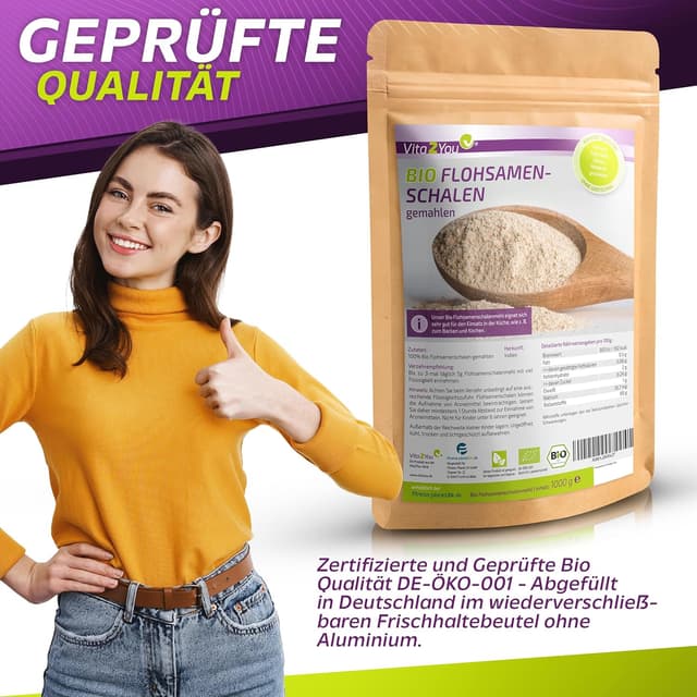 Detalle de Vita2You Bio Flohsamenschalen gemahlen (99% Reinheit) – 1 kg, ideal zum Backen