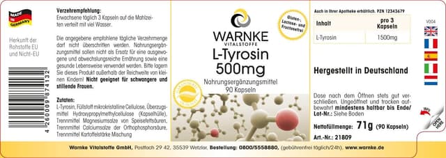 Detalle 2 de Warnke L‑Tirosina 500 mg 90 capsule vegane 💊