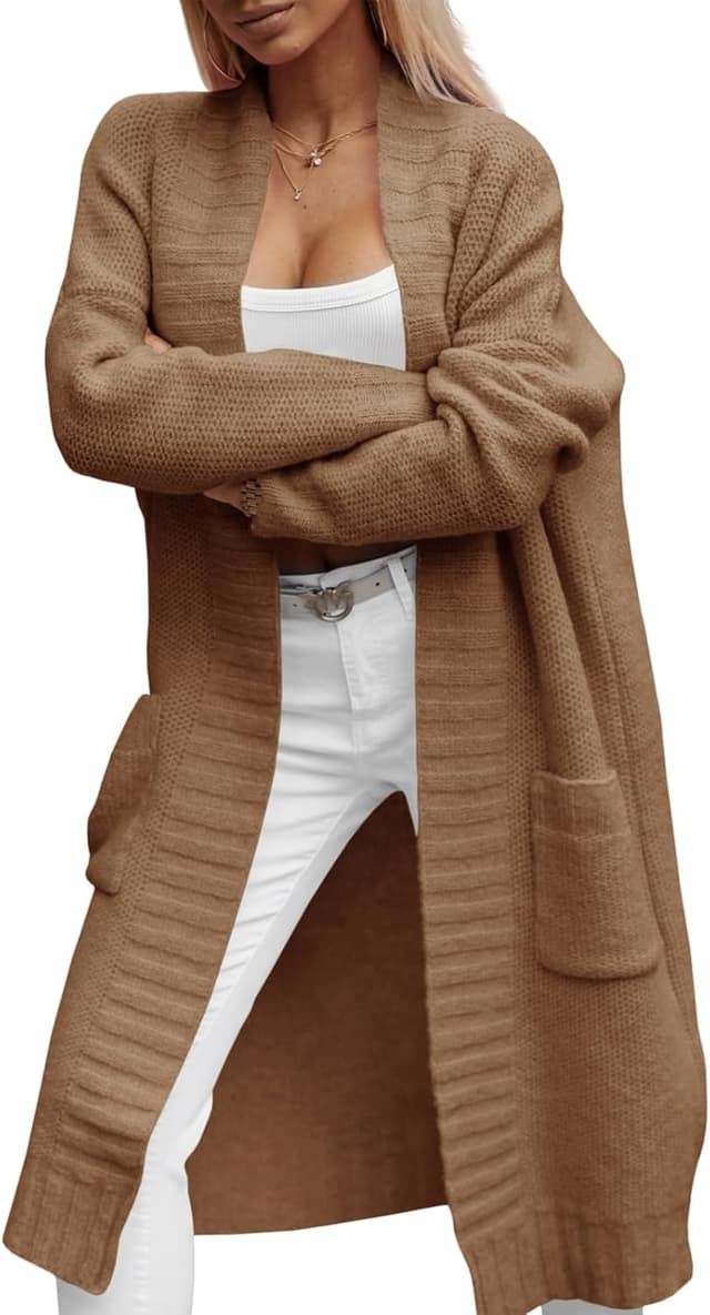 Detalle 2 de Imily Bela Damen Strickjacke Lang mit Taschen, Grobstrick Cardigan (offene Front)