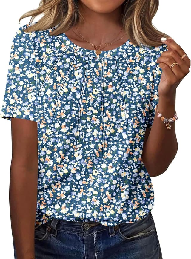 Detalle de Kistore Women’s Casual Crew Neck Pleated Short Sleeve Top (Sunburst Front)