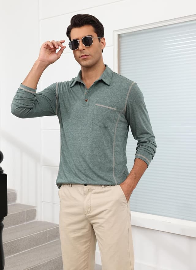 Detalle de Volemo Men’s Long Sleeve Polo Shirts with Pocket – Casual Cotton Golf Tops