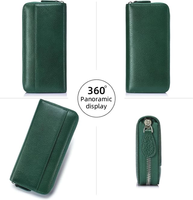 Detalle de SCHLATUM RFID Blocking Women’s Zipper Wallet in Green-dark – Large Capacity Leather Billfold Clutch