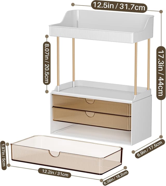 Detalle de Caktraie Bathroom Organizers and Storage (3 Drawers, 2 Tier) for Vanity Countertop — Amber