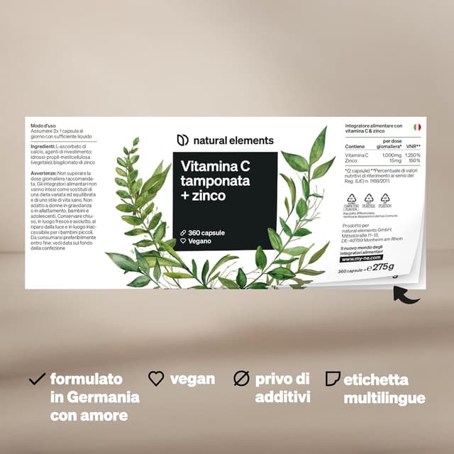 Detalle de Natural Elements Vitamina C 360 capsule (1000 mg + 15 mg zinco) fermentata e tamponata a base vegetale