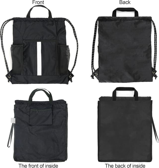 Detalle de BeeGreen Large Drawstring Backpack with Shoe Compartment, Water Bottle Holders and Reflective Strips (Black)