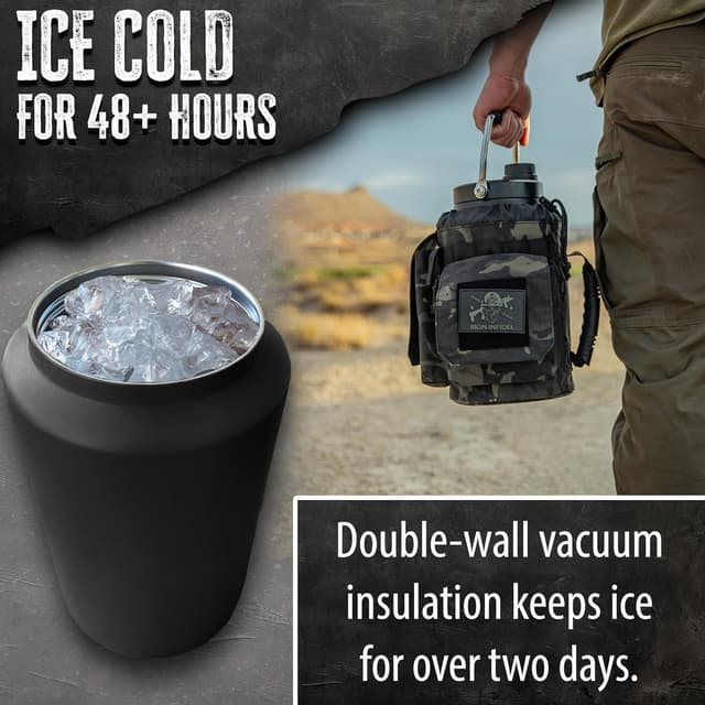 Detalle de Iron Infidel Battle Bottle 128 oz Insulated Water Jug with Dual Handles and Rugged Sleeve (Black Camo)
