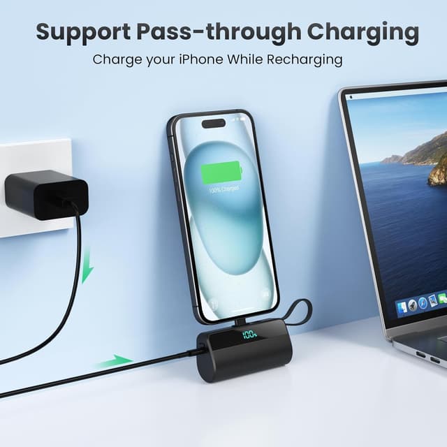 Detalle de Mini Portable Charger for iPhone (5500mAh) – 20W PD Power Bank with Built-in USB-C Port, 2 Outputs (Black)