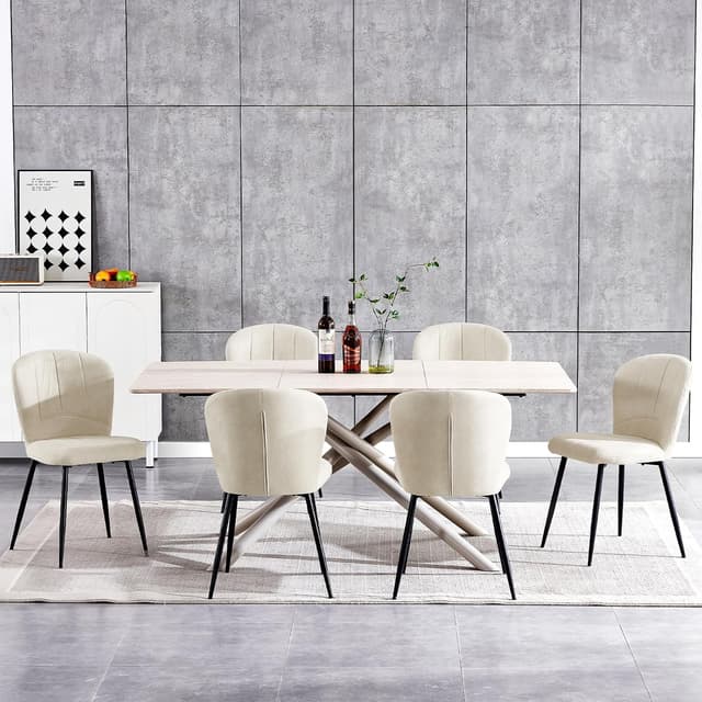 Detalle 2 de Set di 6 sedie ANVOFONG imbottite per sala da pranzo Beige con schienale in tessuto e gambe in metallo nero