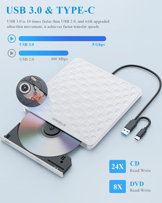 Detalle 2 de ORIGBELIE External CD/DVD Drive for Laptop – Ultra-slim 13mm USB 3.0 Type-C Portable Burner/Reader (White)